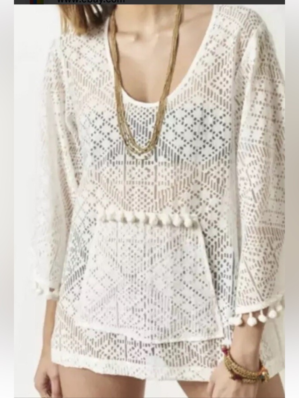 NWT retail$118 size M #CoreyLynnCalter White Crochet Pom-Pom trim tunic.